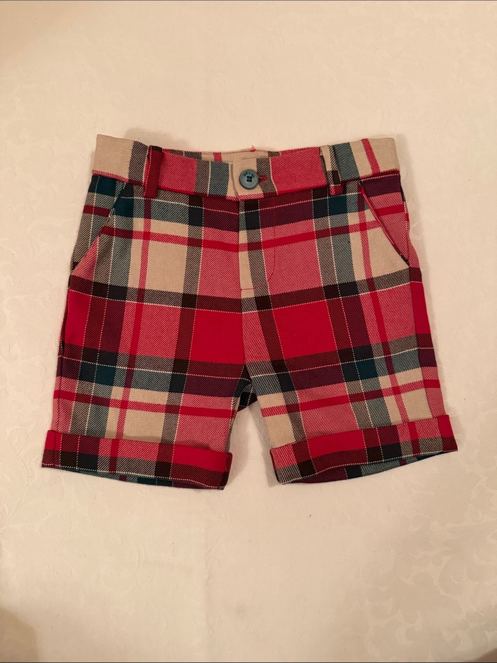Plaid Red Rolled-Cuff Kids Shorts